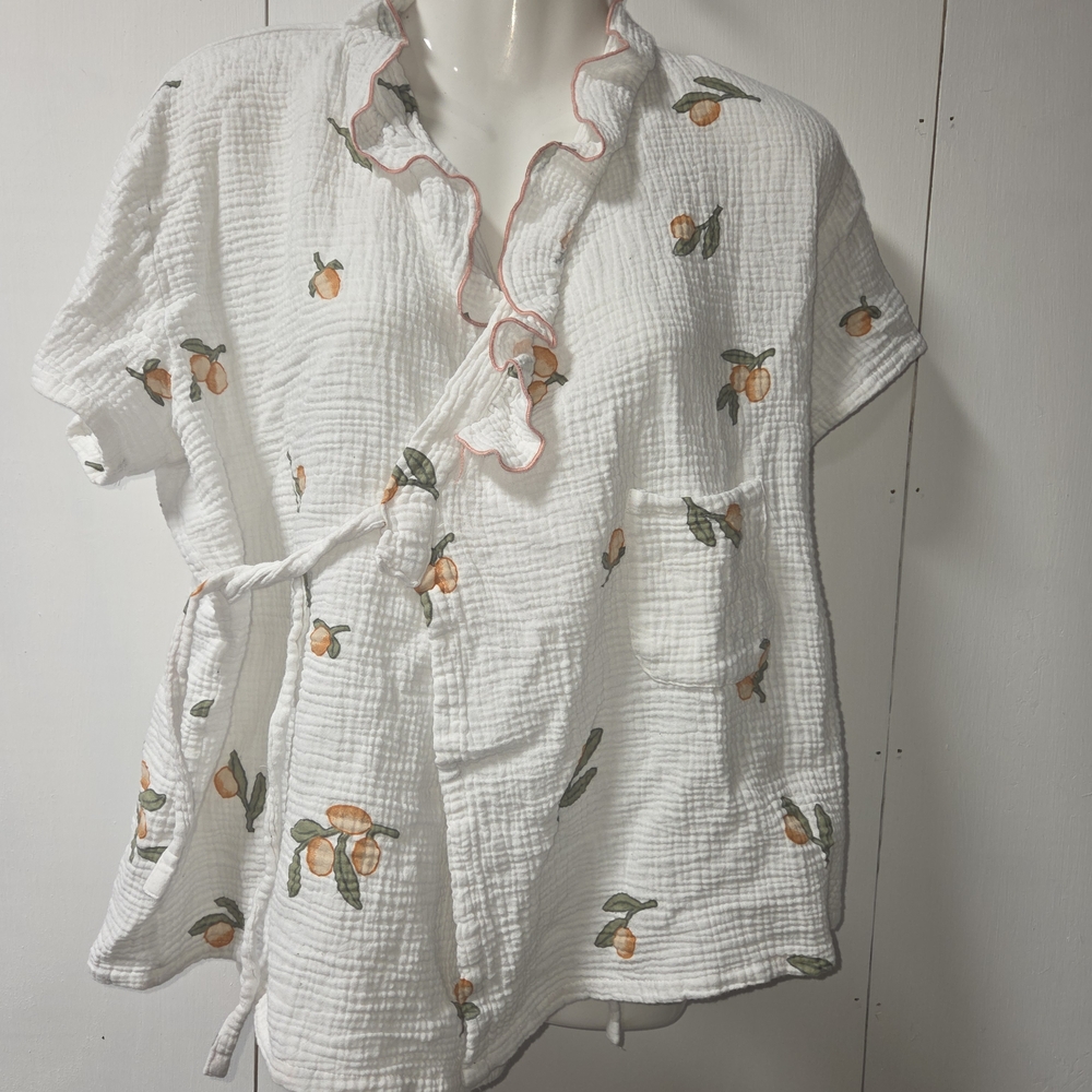 White Wrap Top with Orange Fruit Print